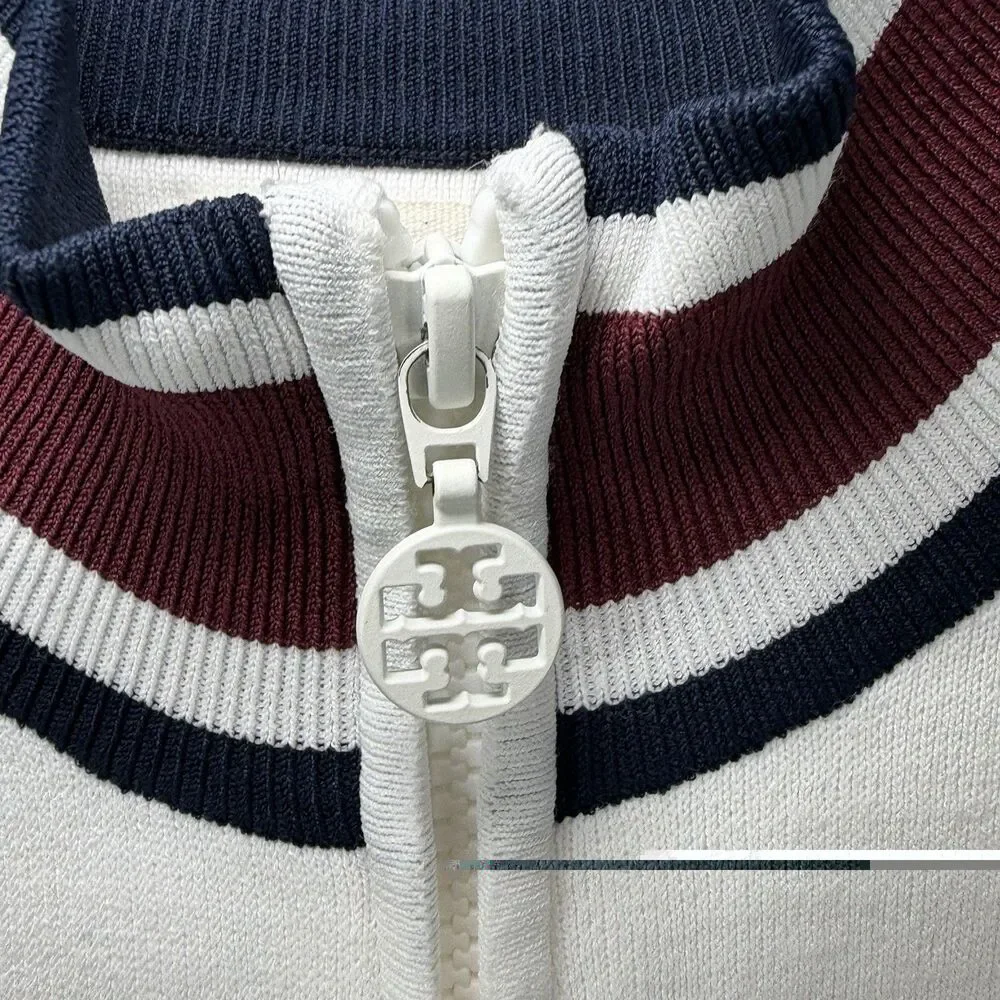 Tory Burch Sport Full Zip Tennis Sweater Jacket Womens Medium White Cotton Blend